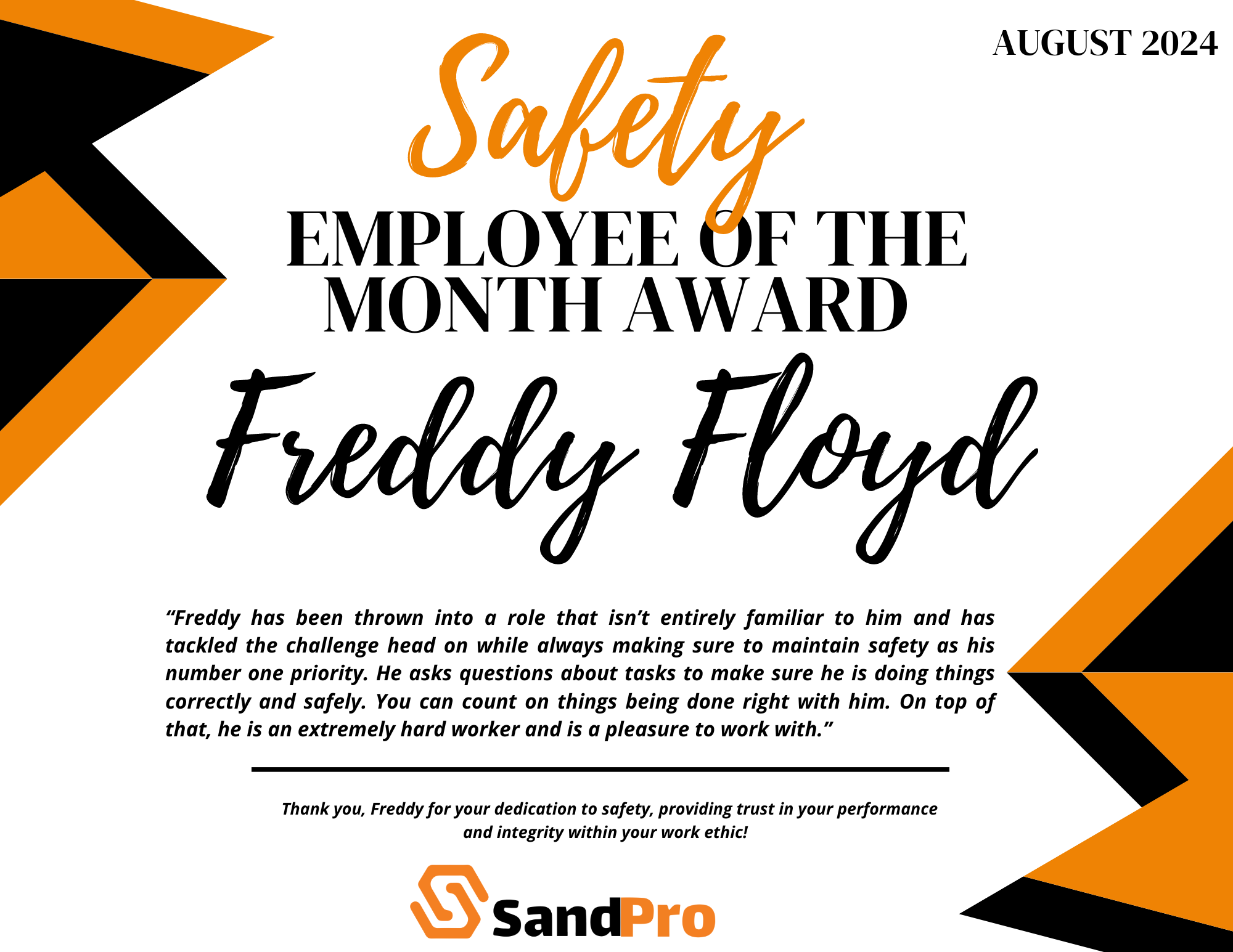 August Safety Employee of the Month - Freddy Floyd